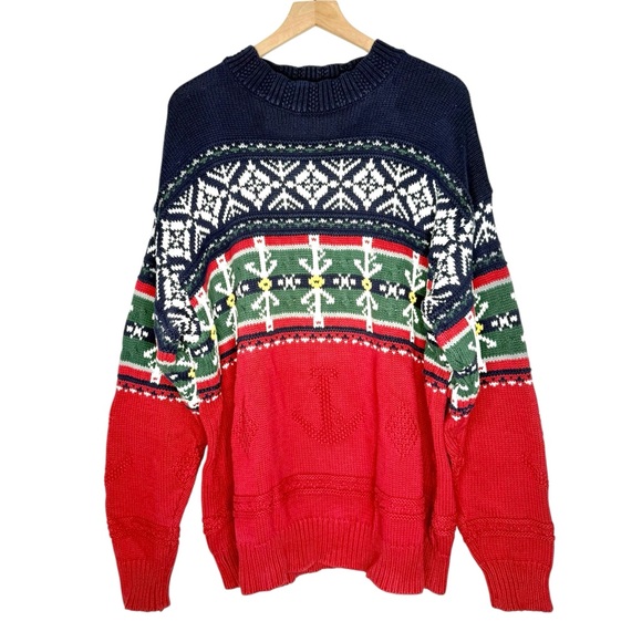 Vintage 90s Nautica Fair Isle Anchor Sweater XL Navy Red Christmas Party - Picture 1 of 4